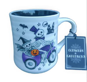 Cobwebs And Cauldrons Skeleton Riding Motorcycle Halloween Coffee Mug 15oz.