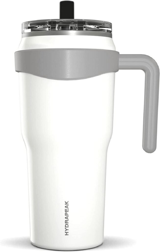 Hydrapeak Roadster 40oz Tumbler with Handle and Straw Lid, Insulated Leak Proof Double Walled Stainless Steel Coffee Travel Mug - Keeps Cold for 34 Hours or Hot for 10 Hours (White)