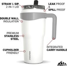 Hydrapeak Roadster 40oz Tumbler with Handle and Straw Lid, Insulated Leak Proof Double Walled Stainless Steel Coffee Travel Mug - Keeps Cold for 34 Hours or Hot for 10 Hours (White)