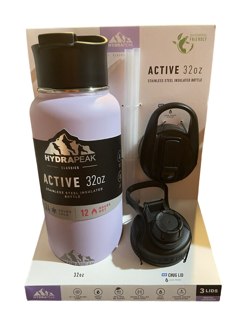 HYDRAPEAK Active 32oz Stainless Hot or Cold Bottle with 3 Lids